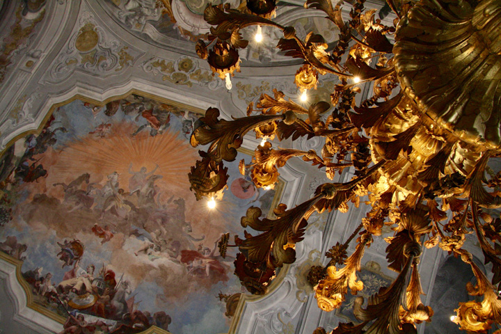Venice, Ca' Rezzonico. Ballroom, chandeliers and frescoes