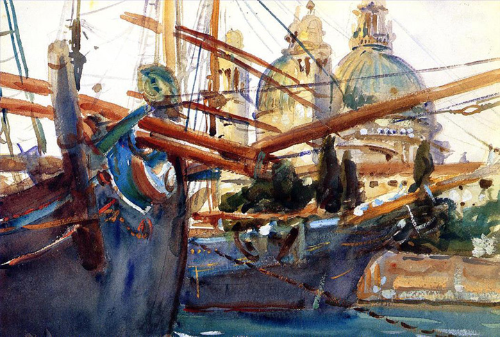 John Singer Sargent, Behind the Salute boat, 19th century in Venice
